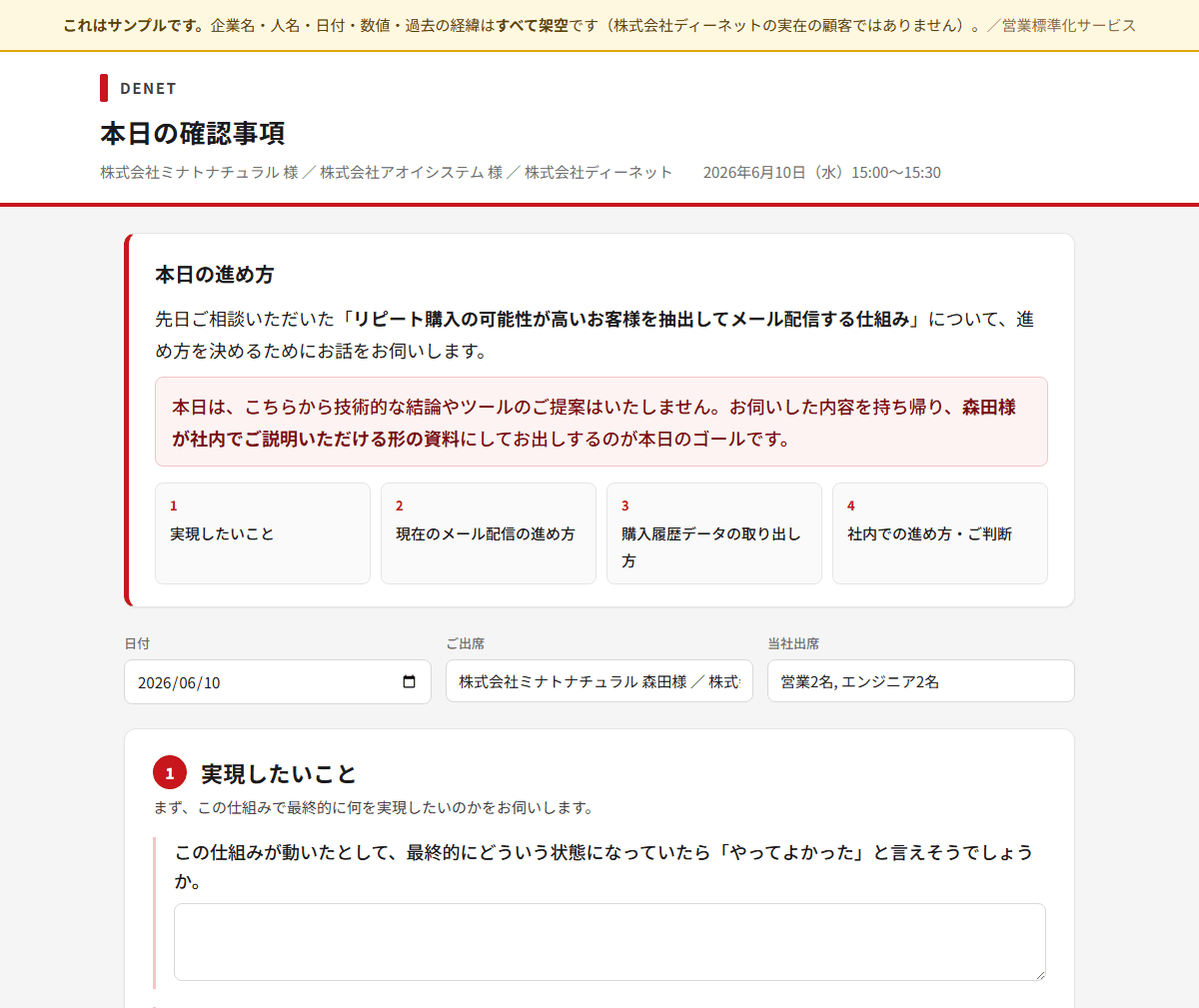 商談準備シートのサンプル画面。本日の進め方・確認事項が並んでいる